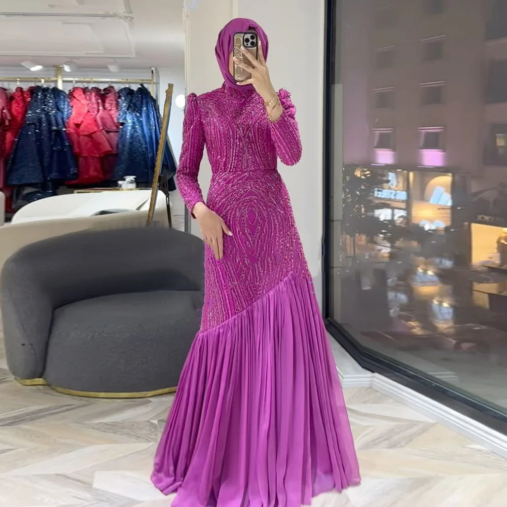 Luxury Magenta High Neck Beaded Modest Evening Dress with Hijab SS605