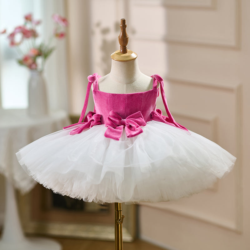 Cute Pink Flat Neck Spaghetti Strap Bow Tulle Flower Girl Dress D117