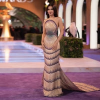 Luxury Metallic Ombre Evening Dress with Scalloped Sequin Layers and Mermaid Silhouette SS656