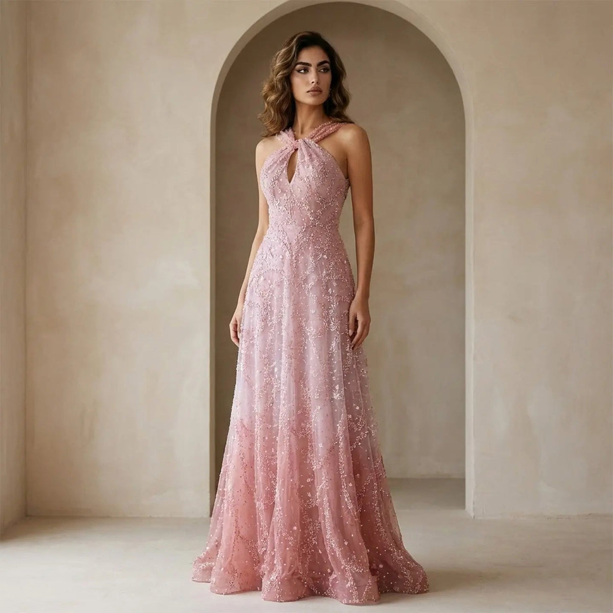 Timeless Gradient Pink Evening Dress with Intricate Beadwork and Flattering Silhouette SS709