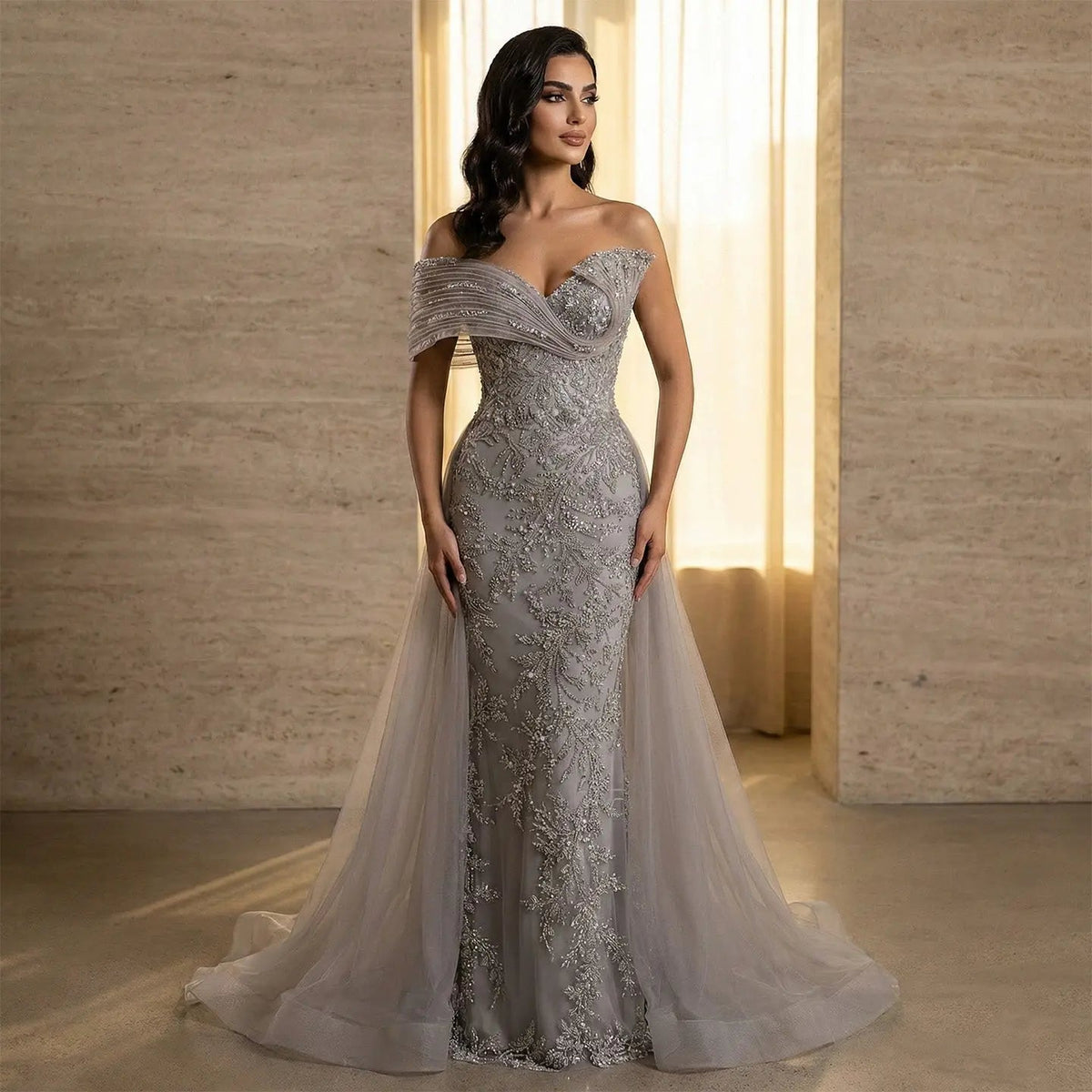 Elegant Gray Beaded Evening Dress with Structured Corset Bodice and Flowing Tulle Skirt SS527