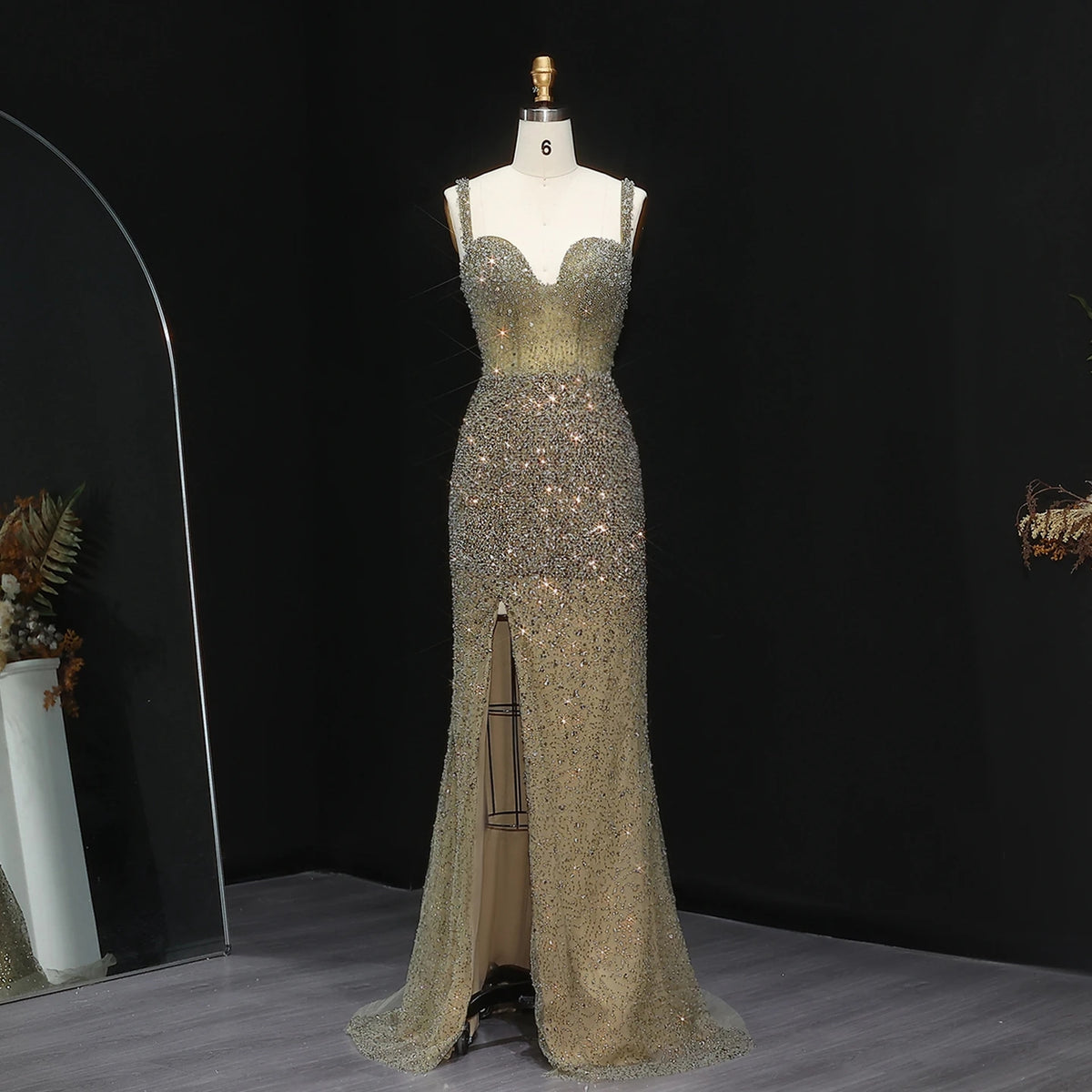 Luxury Crystal Mermaid Slit Evening Gown Orange Long Prom Party SS047