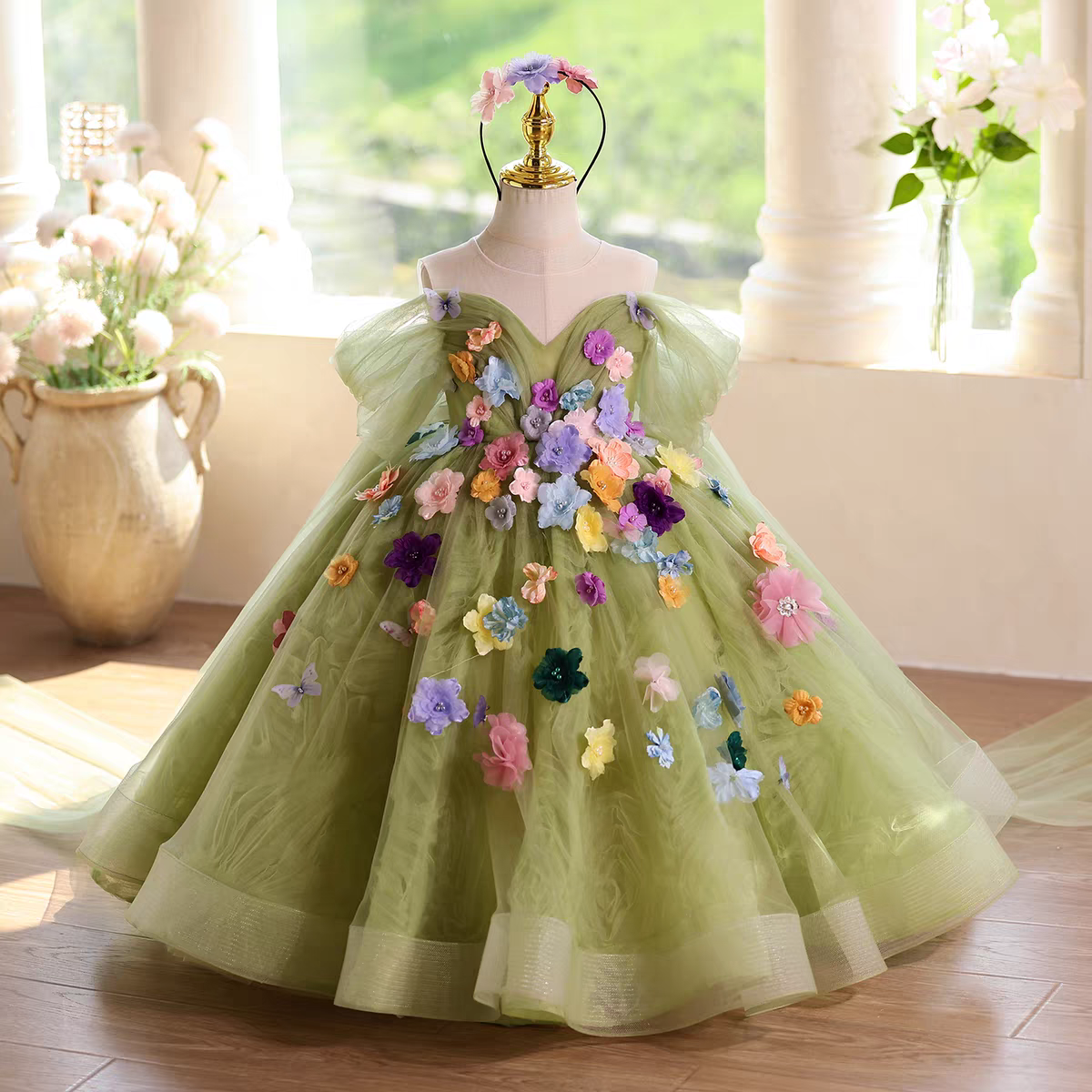 Jill Green Romantic Applique Off Shoulder Flower Girl Dress D103