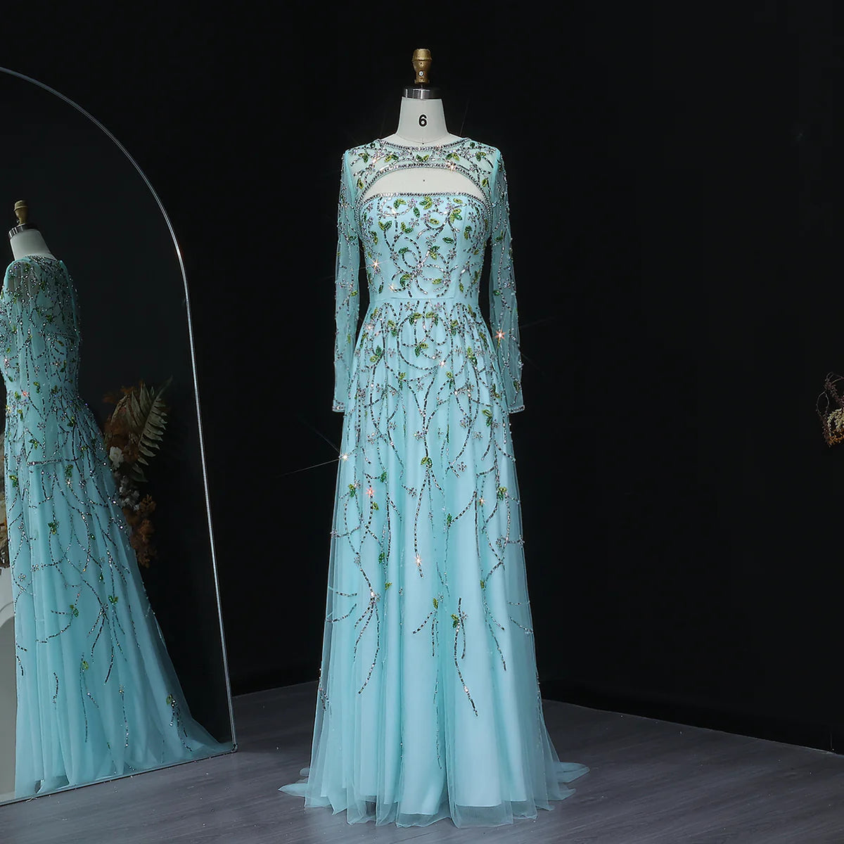 Elegant Beaded Green Sparkle Long Sleeve Prom Dress SS593