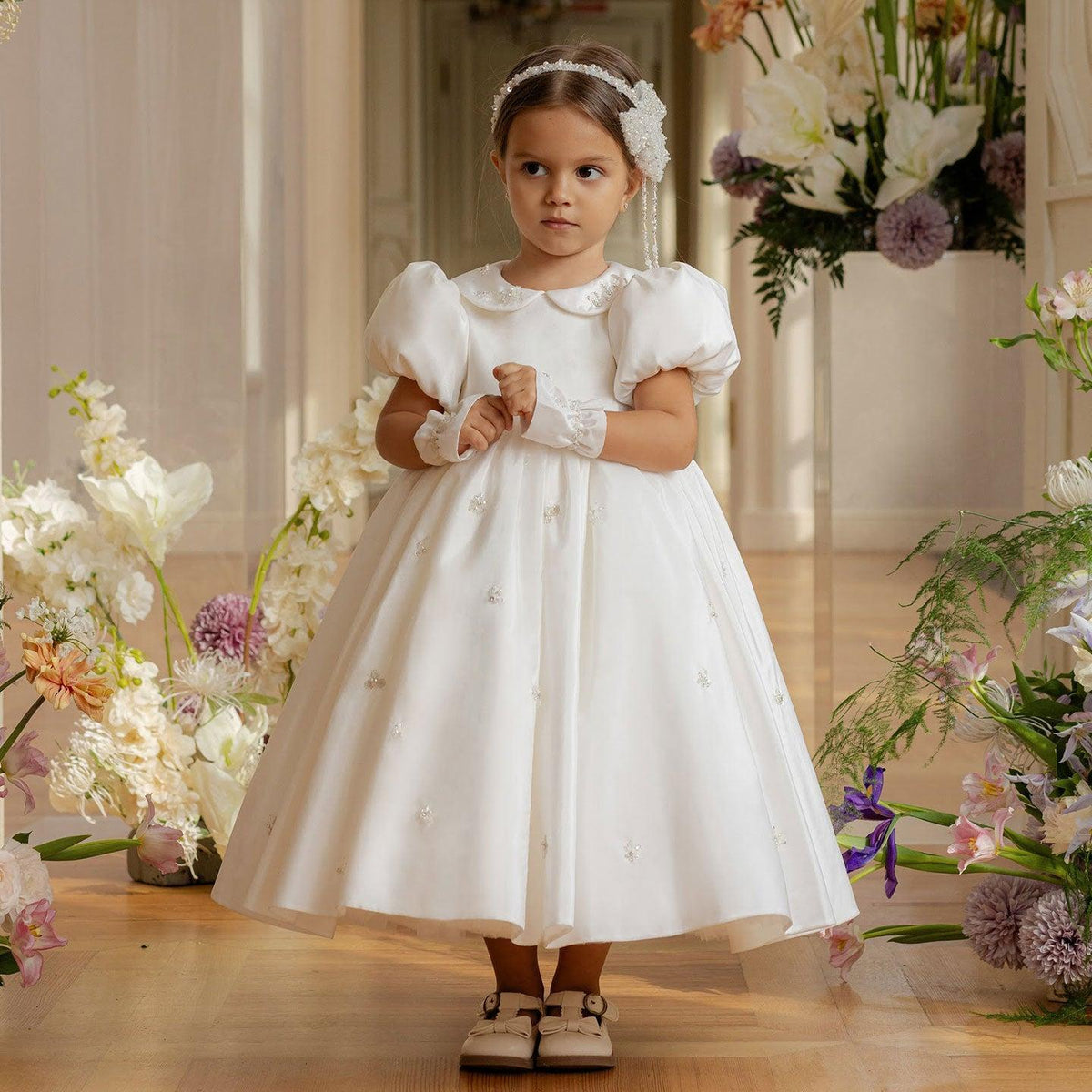 Jill Wish White Satin Girl Dress Ankle Length for Birthday Wedding Party J171