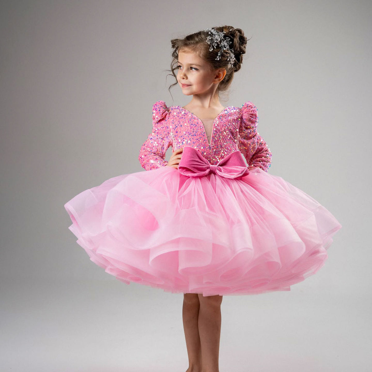 Fuchsia  Long Sleeve Flower Girl Dress with Bow Wedding Birthday Holiday Party Ball J570