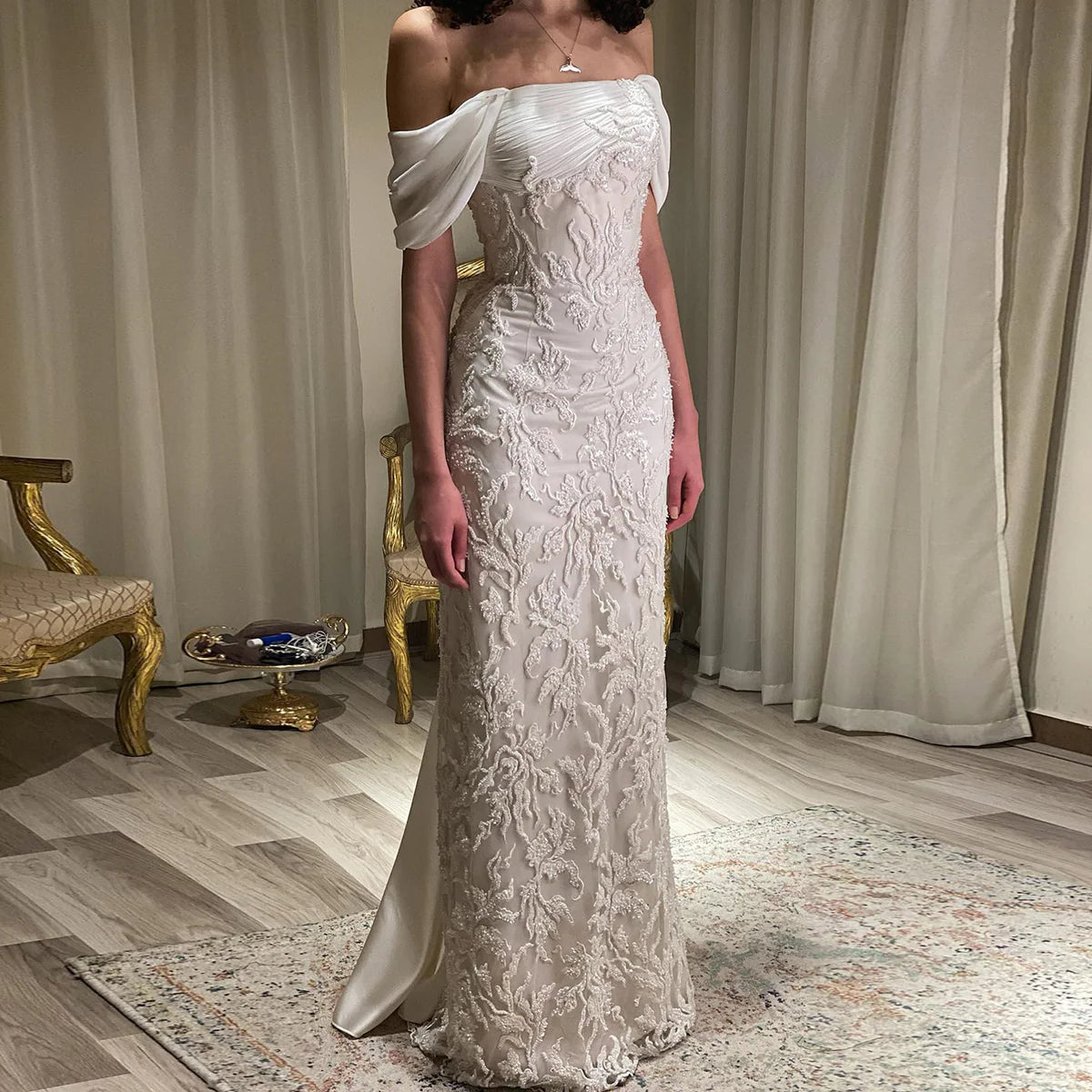 Glamorous Ivory Off Shoulder Sequin Evening Dress with Embroidery SS622