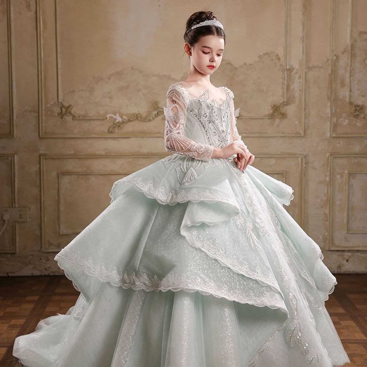 Jill Wish J067 sage green beaded flower girl gown