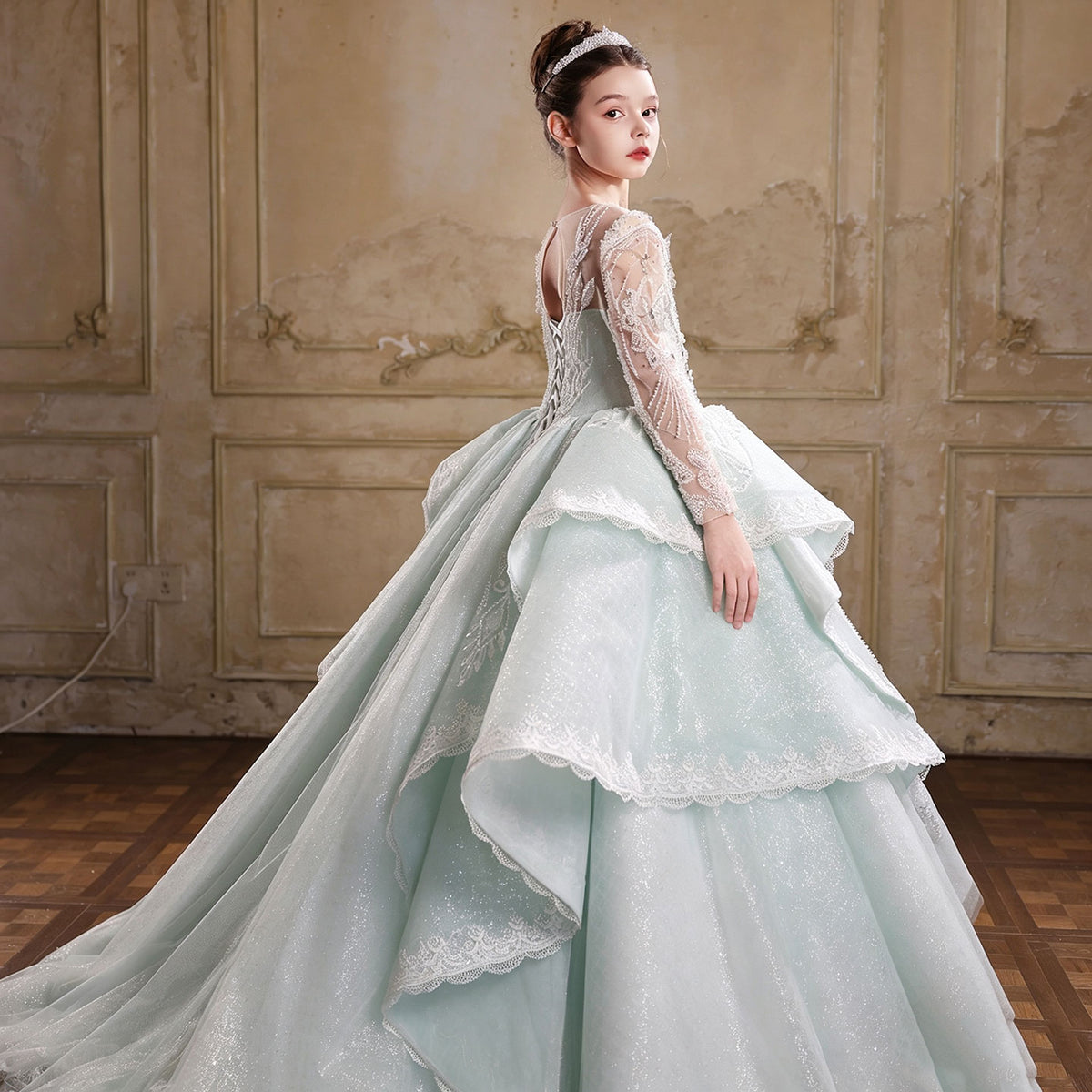Jill Wish J067 sage green princess flower girl dress back view