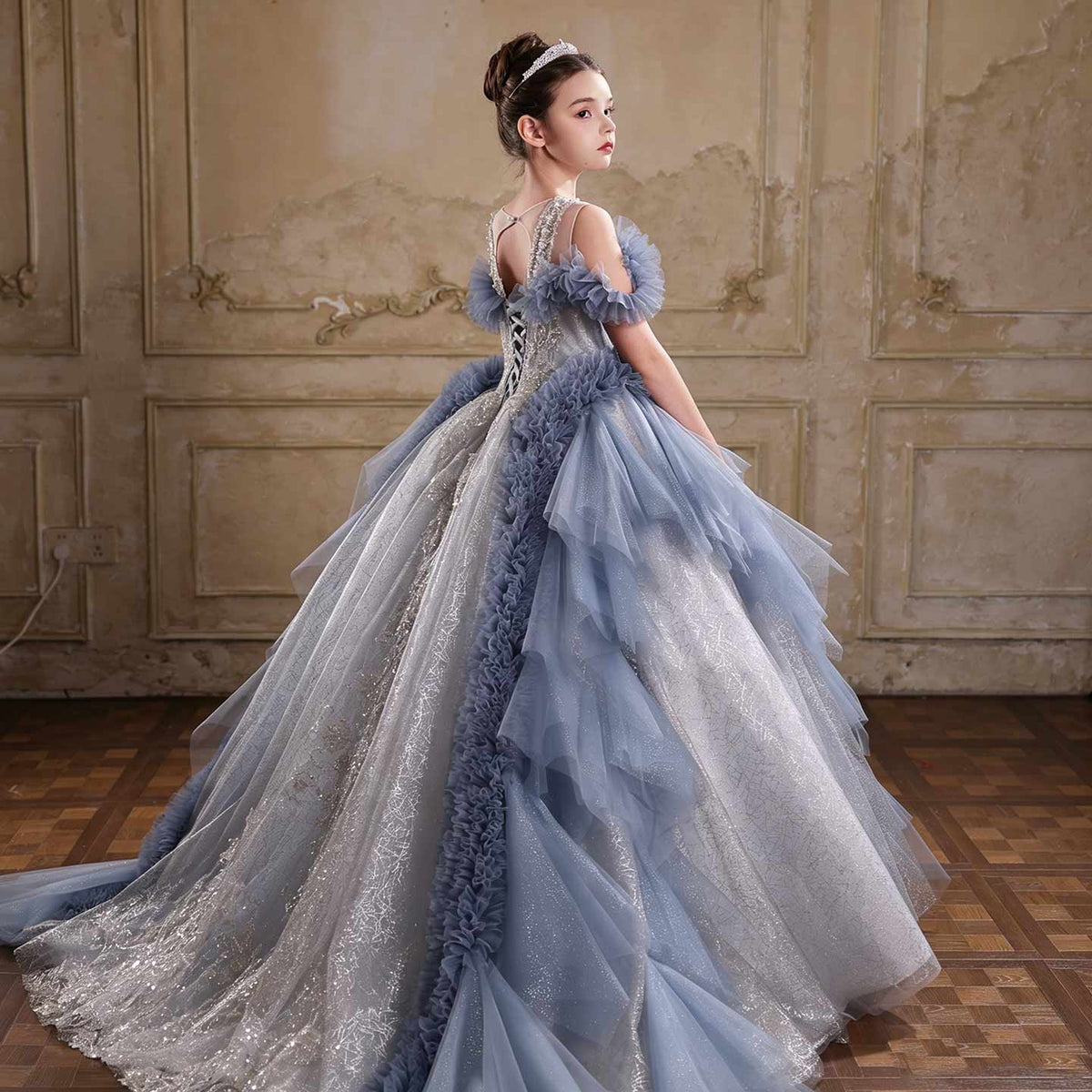 Jill Wish J105 blue luxury flower girl dress front view