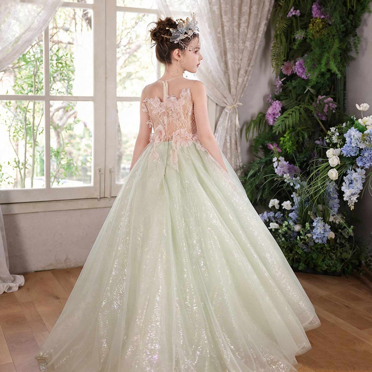 Sage green tulle flower girl dress J118