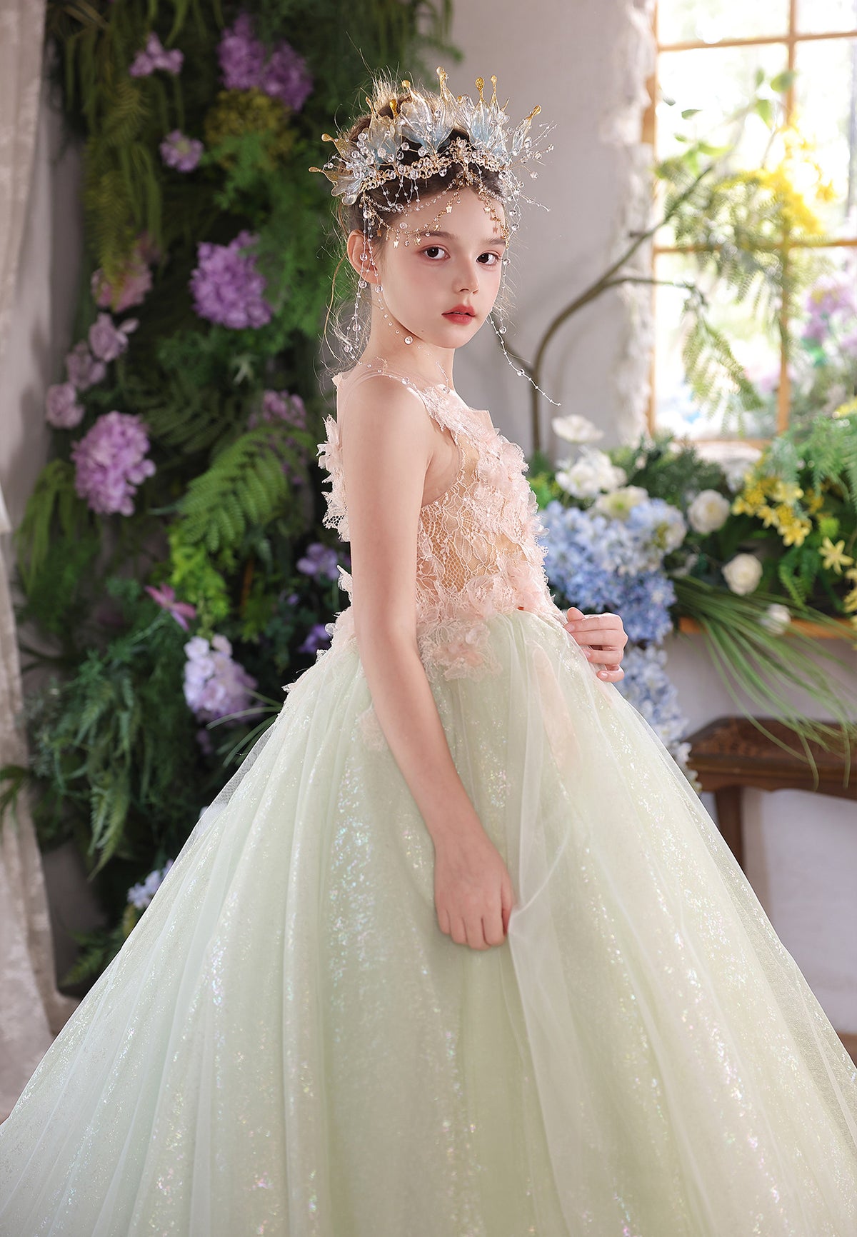 J118 sage green flower girl dress fabric detail