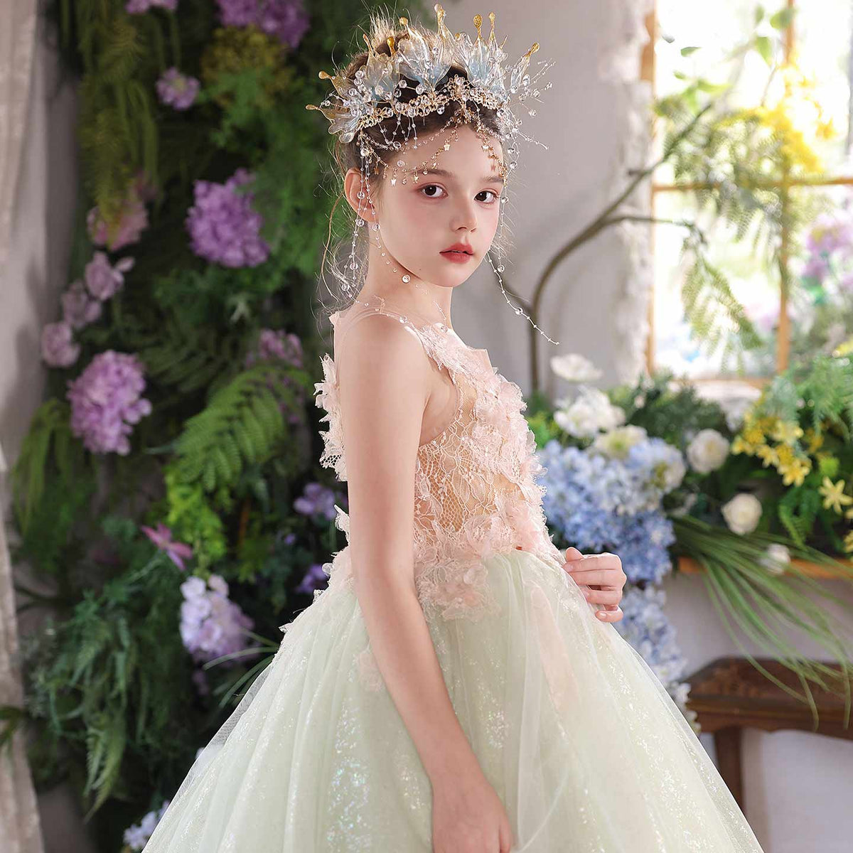 Sage green flower girl dress with lace applique tulle ball gown J118