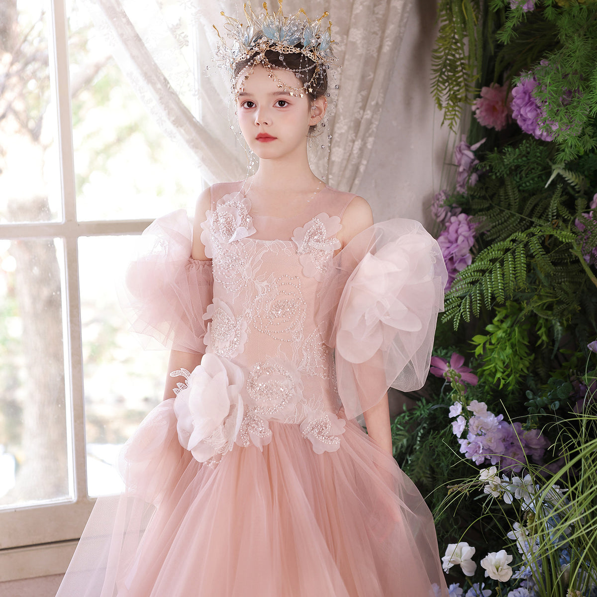 J119 pink flower girl dress side view