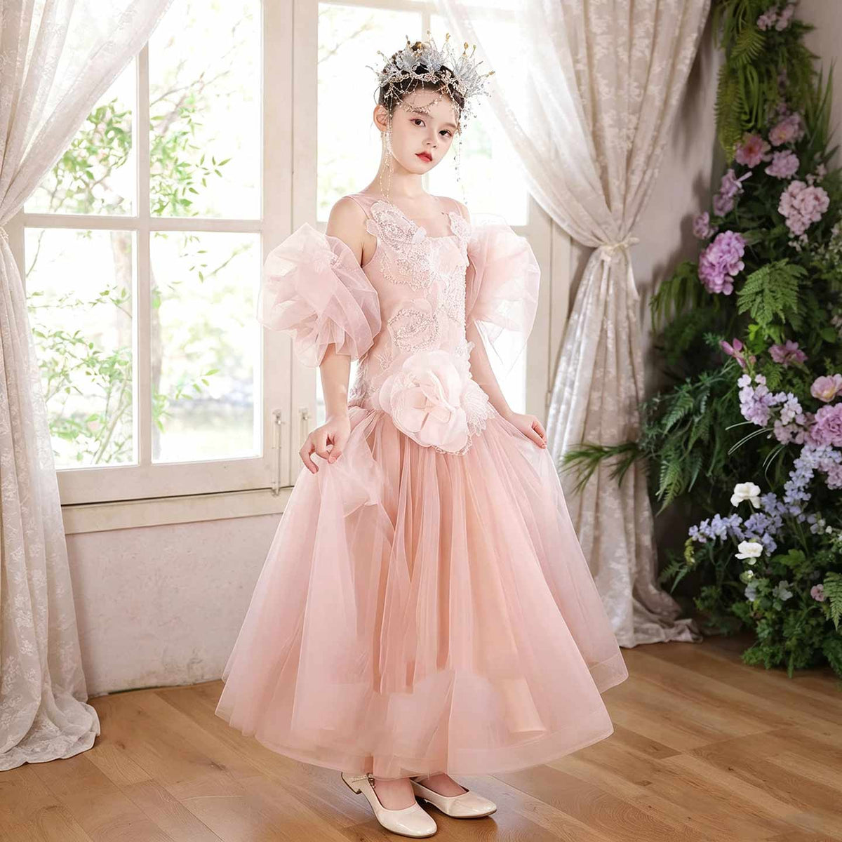Pink flower girl dress with 3D floral applique tulle ball gown J119