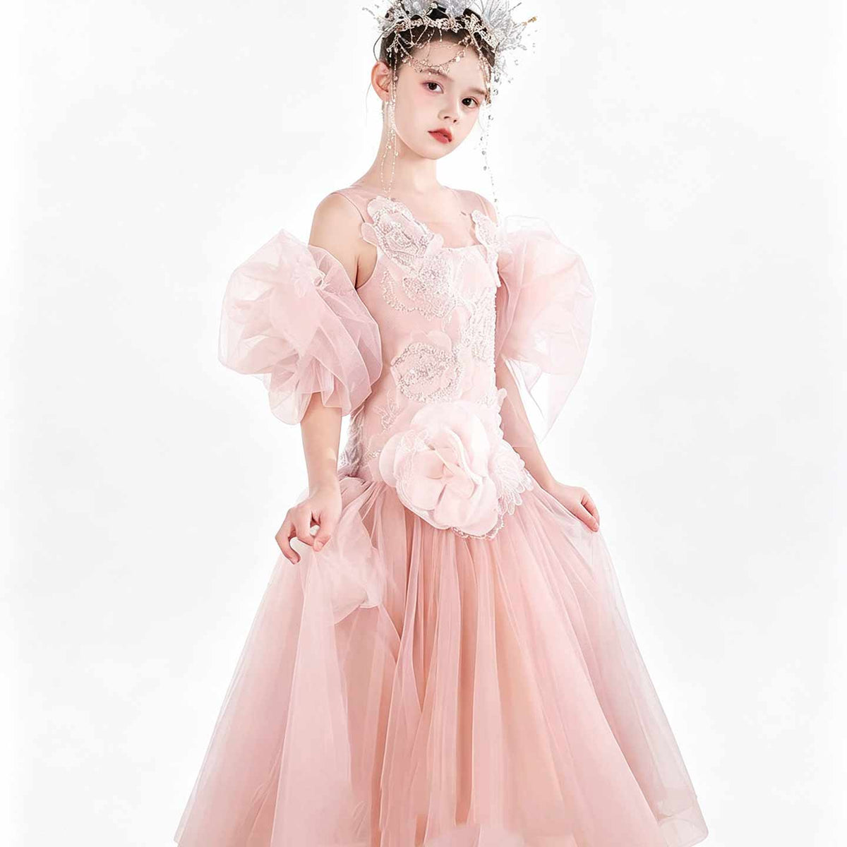 J119 pink flower girl dress white background