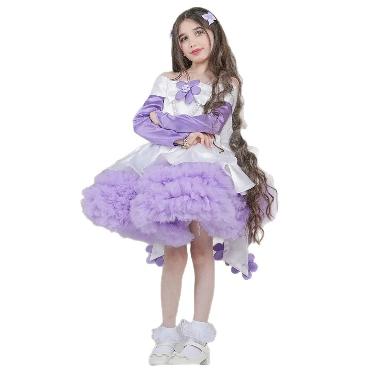Lilac and white ruffle flower girl dress J431