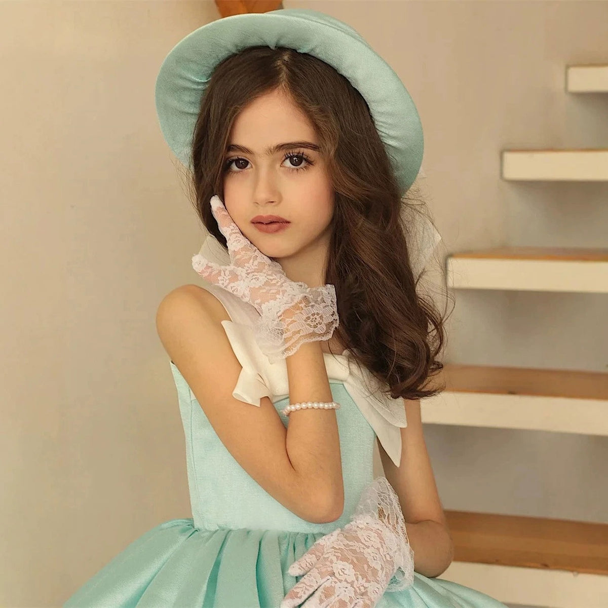Blue flower girl dress J444, product view 6
