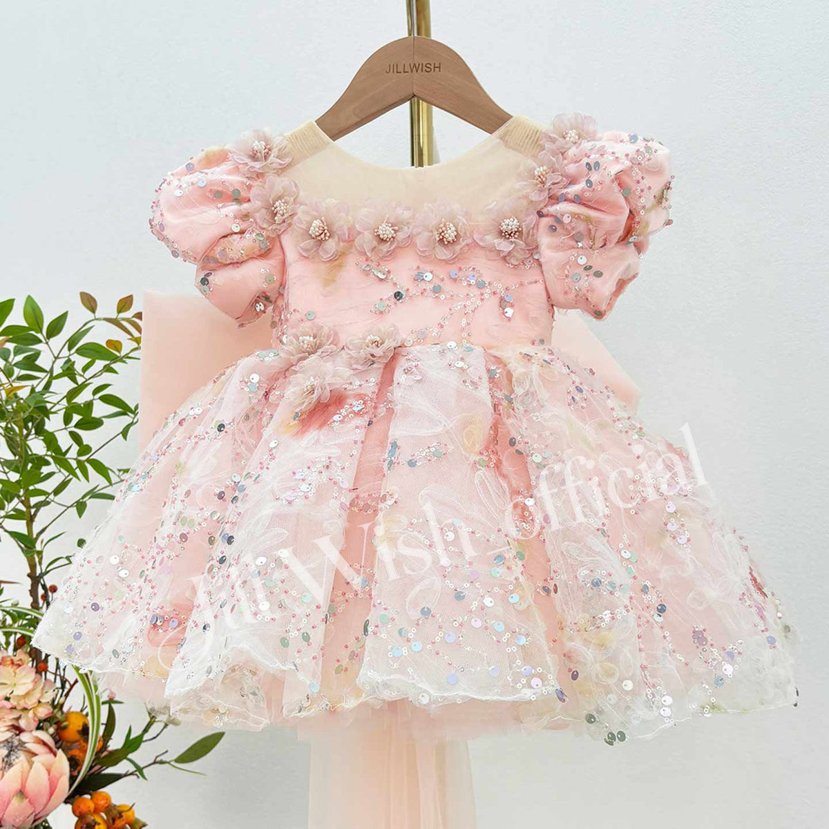 Pink Sequin Floral Tulle Flower Girl Dress J524