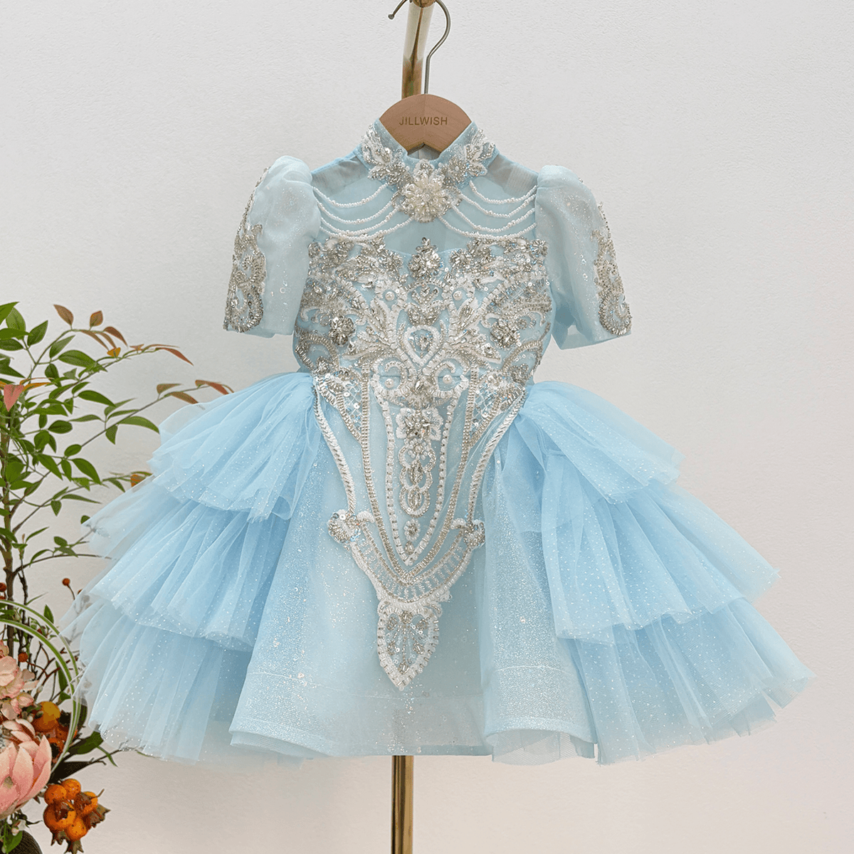 Blue Luxury Beaded High Neck Tiered Flower Girl Dress J567