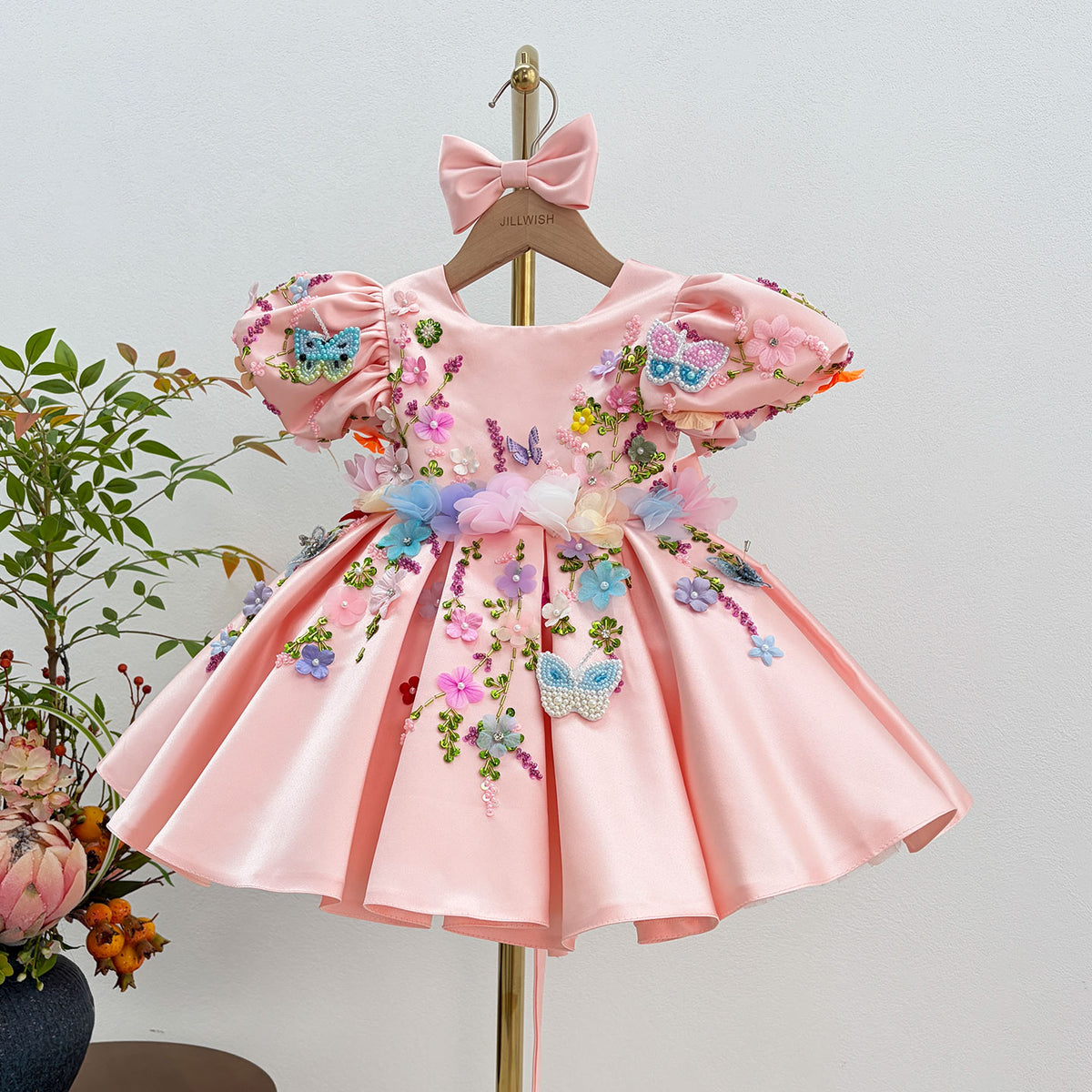 J813 pink girls floral butterfly party dress 1