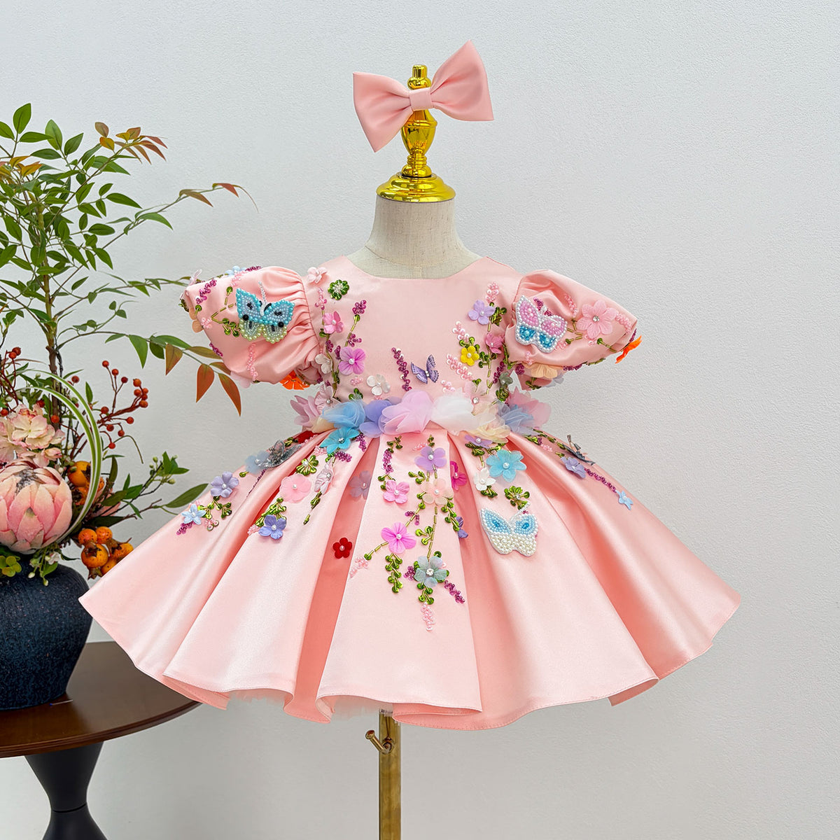 J813 pink girls floral butterfly party dress 5