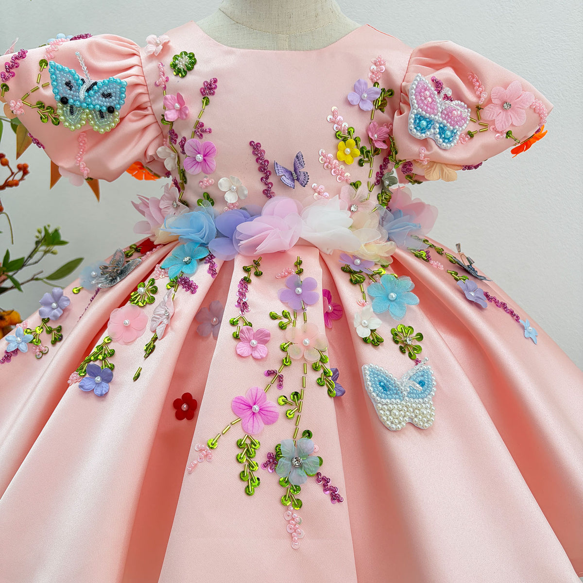 J813 pink girls floral butterfly party dress 3