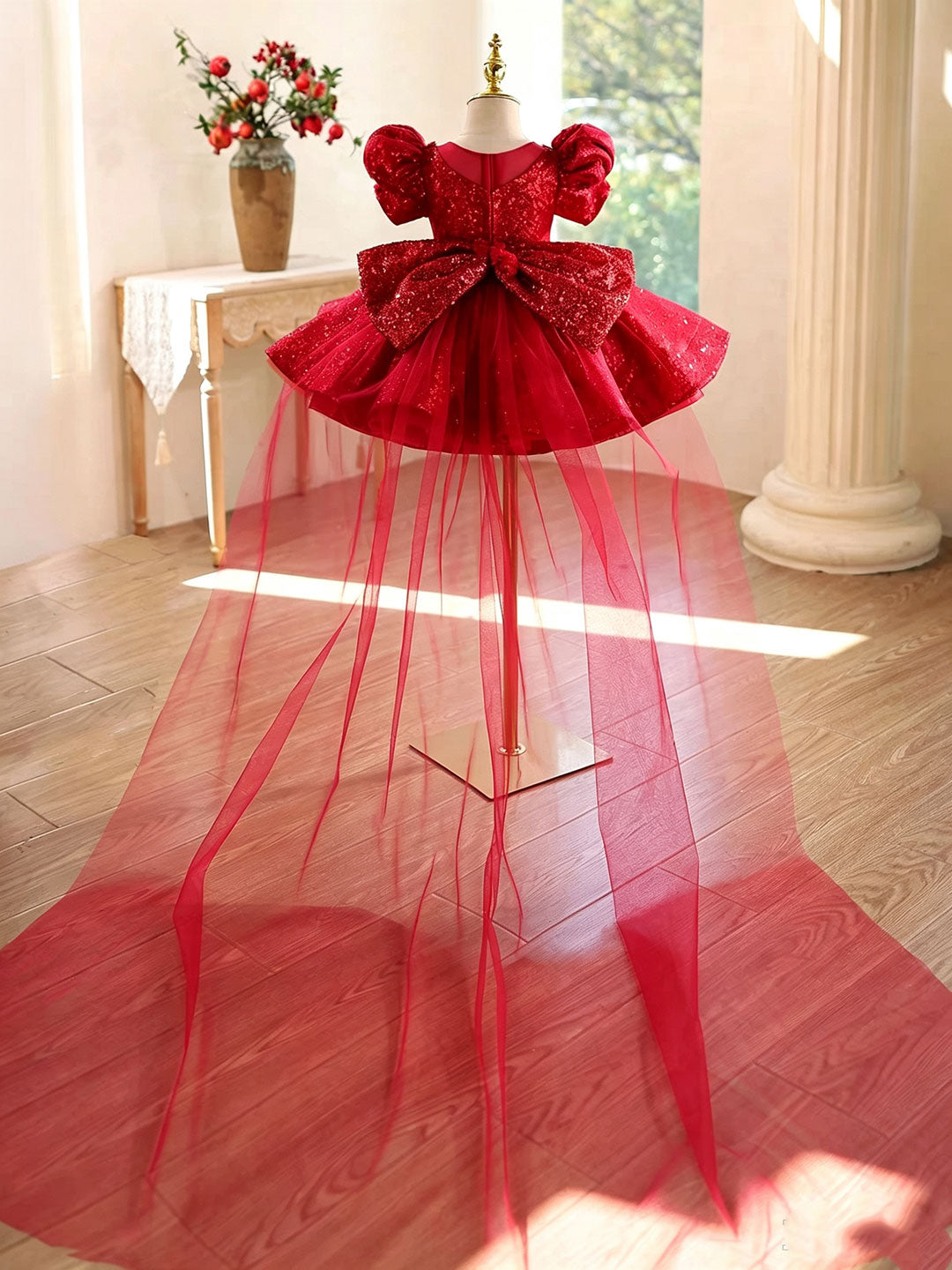 J925 red glitter tulle girls dress
