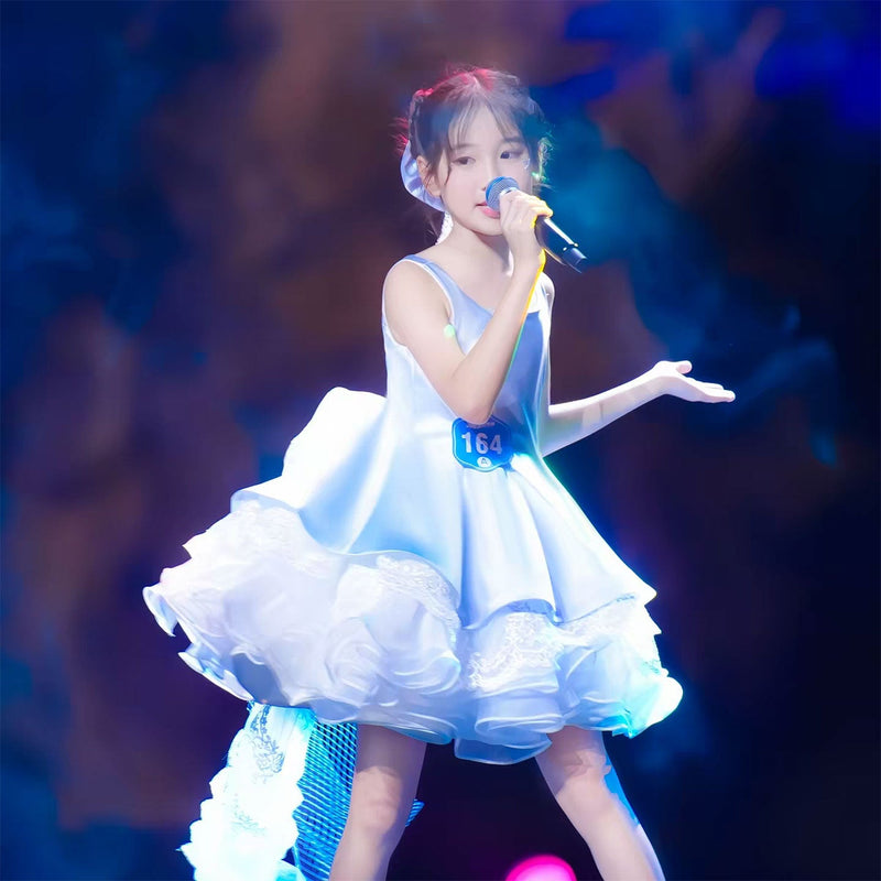 J928 blue satin girls performance dress