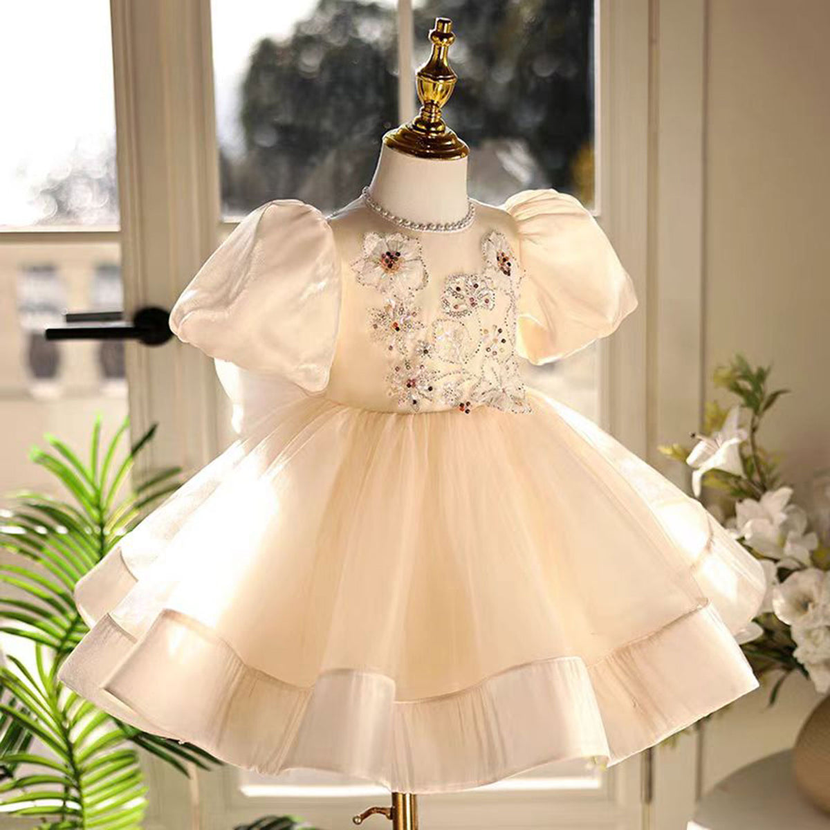 Jill Beige Lace Girl Dress Toddler Kids 1st Birthday Party Ball Gown J463