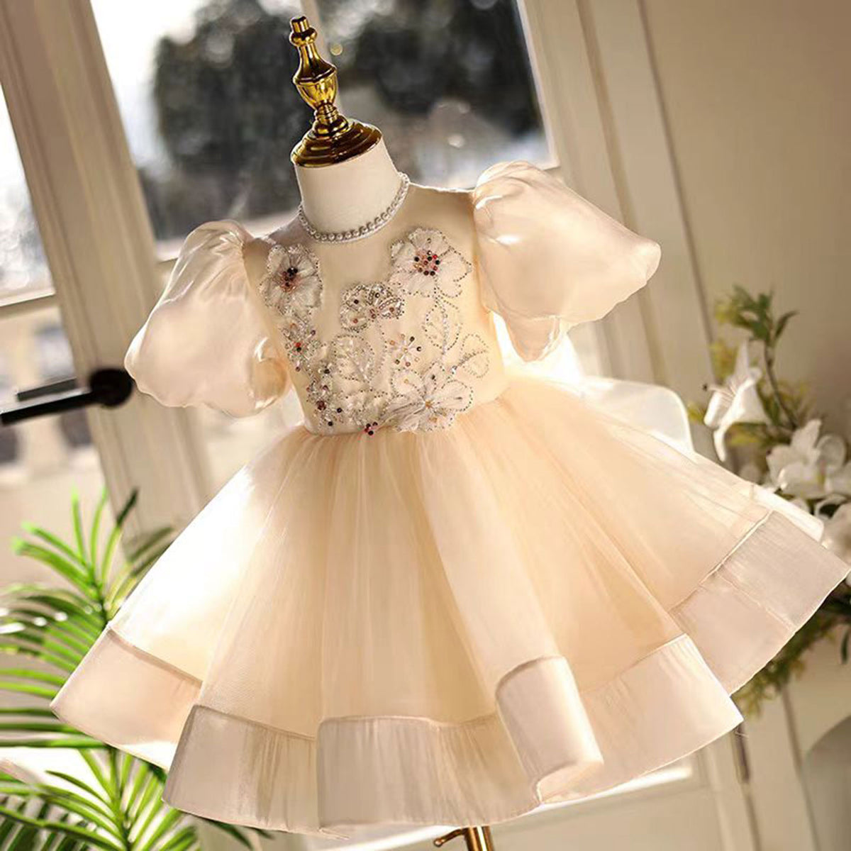 Jill Beige Lace Girl Dress Toddler Kids 1st Birthday Party Ball Gown J463