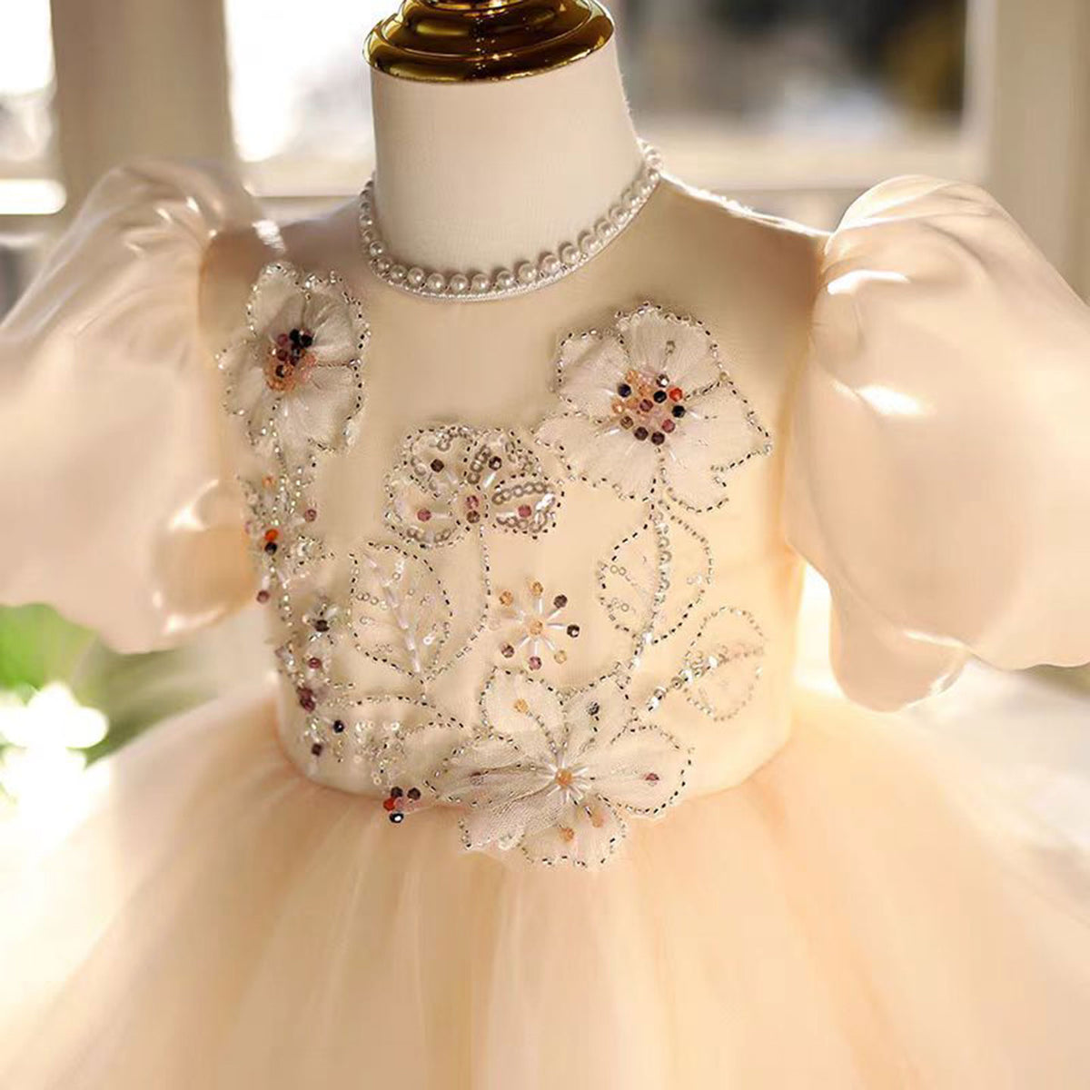 Jill Beige Lace Girl Dress Toddler Kids 1st Birthday Party Ball Gown J463