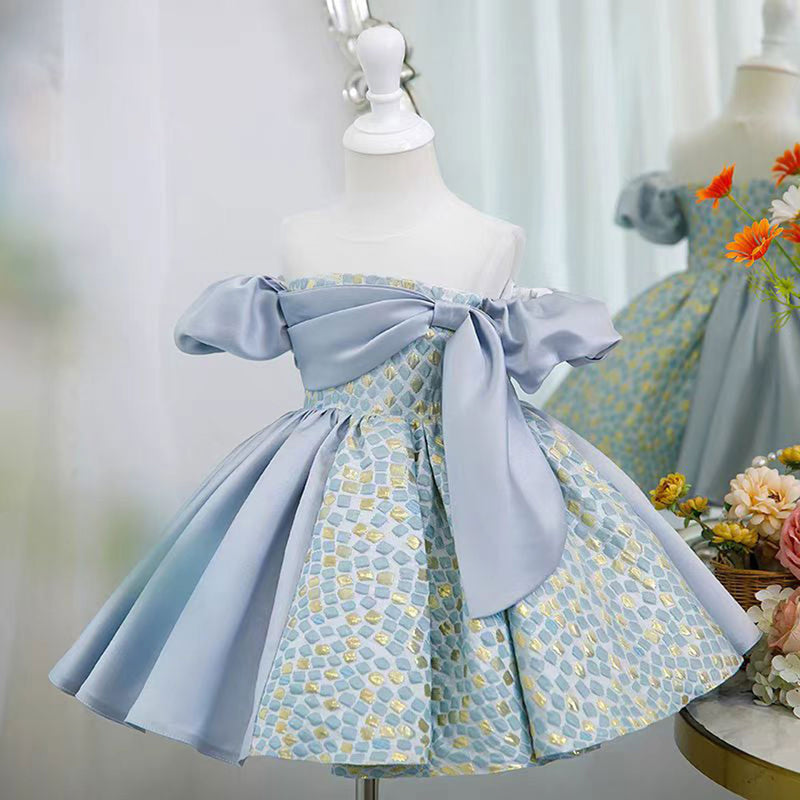 Jill Blue Blocking Color Girl Dress for Princess Kids 1st Birthday Party J774