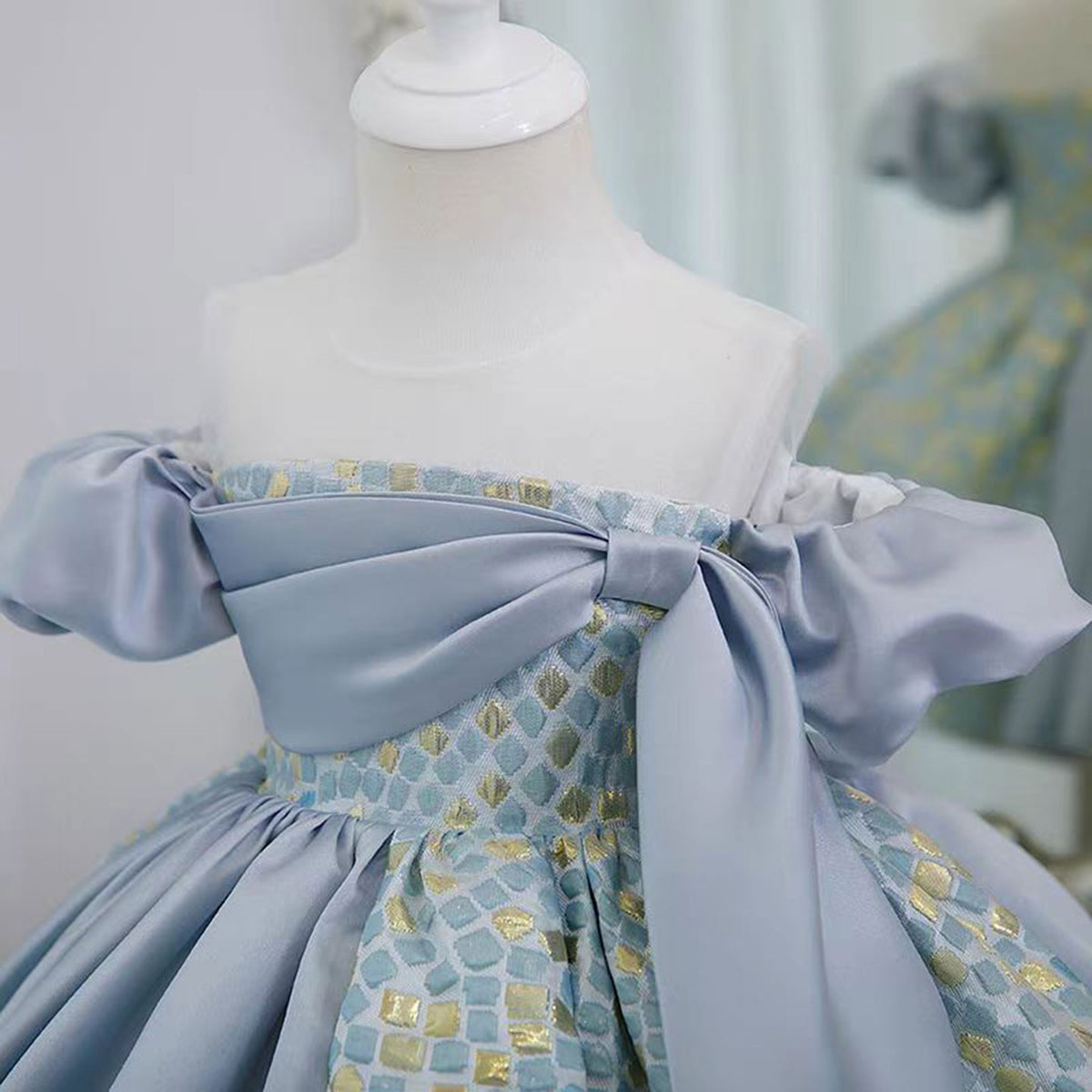 Jill Blue Blocking Color Girl Dress for Princess Kids 1st Birthday Party J774