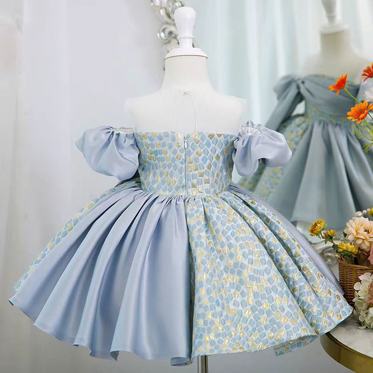 Jill Blue Blocking Color Girl Dress for Princess Kids 1st Birthday Party J774