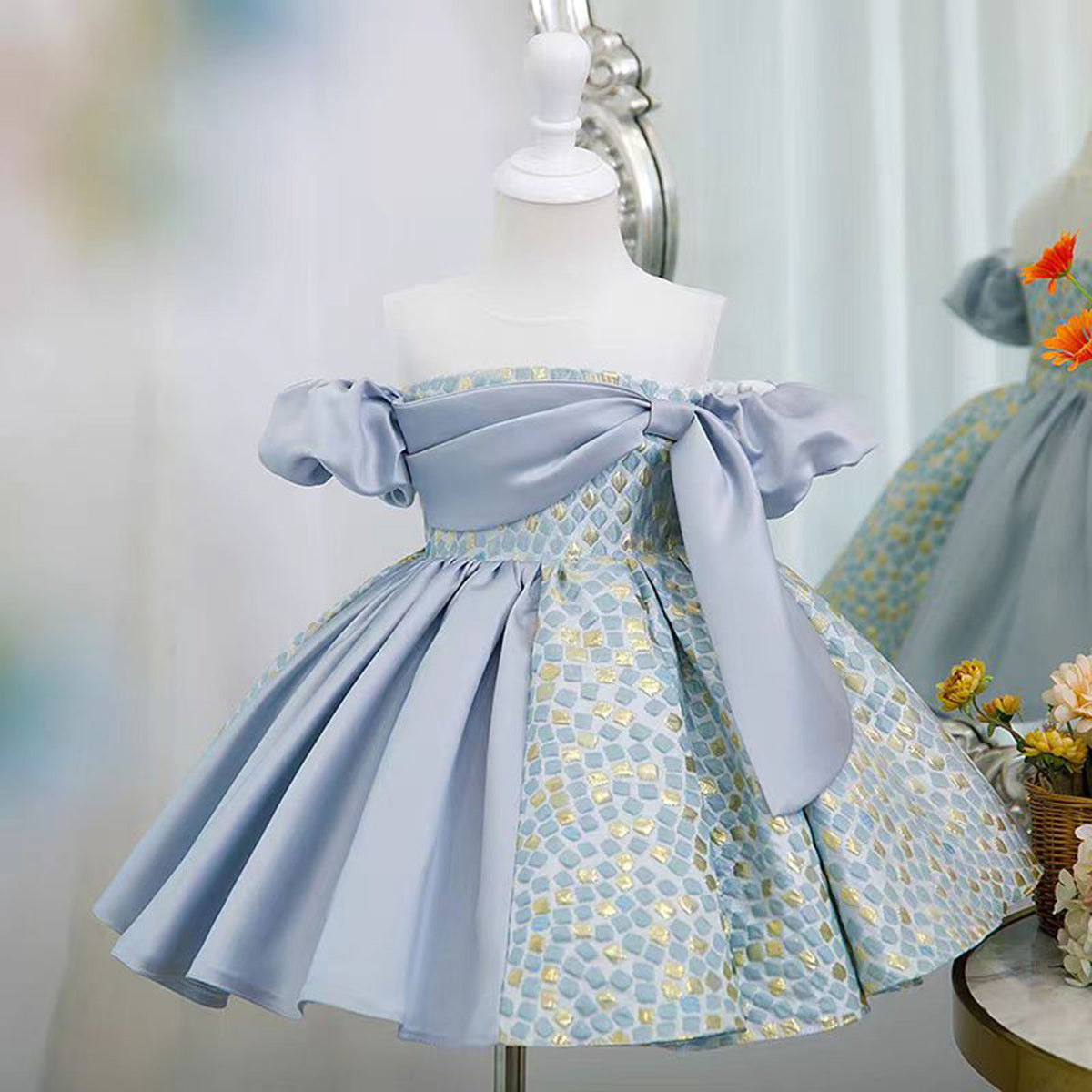 Jill Blue Blocking Color Girl Dress for Princess Kids 1st Birthday Party J774