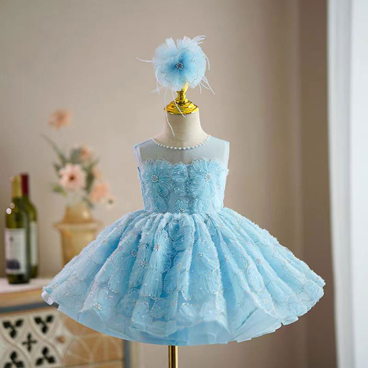 Jill Blue Flower Girl Princess Dress for Kids Wedding Birthday Party J776
