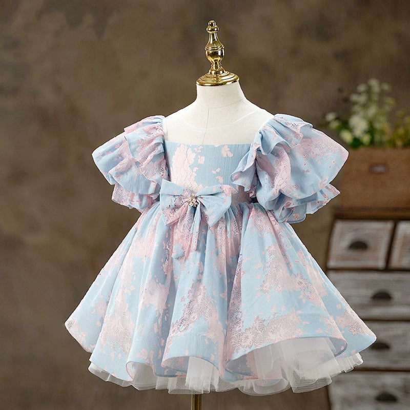 Jill Blue & Pink Baby Girl Dress Bow-adorned Party Ball Gown J707