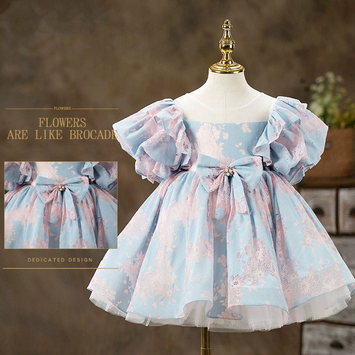 Jill Blue & Pink Baby Girl Dress Bow-adorned Party Ball Gown J707