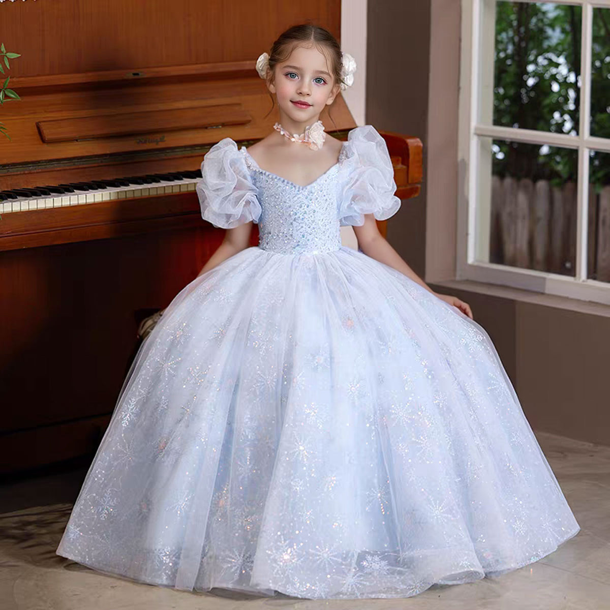 Jill Blue Shiny Girl Dress Puffy Sleeve for kids Birthday Party J376