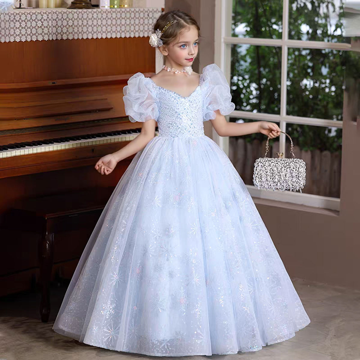 Jill Blue Shiny Girl Dress Puffy Sleeve for kids Birthday Party J376