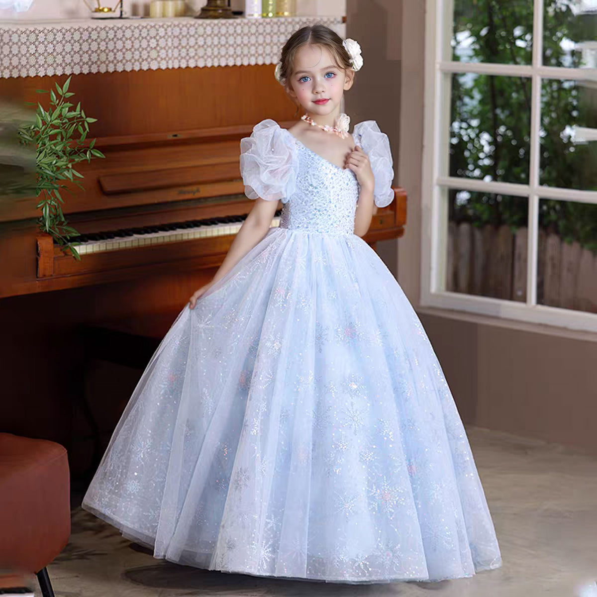 Jill Blue Shiny Girl Dress Puffy Sleeve for kids Birthday Party J376
