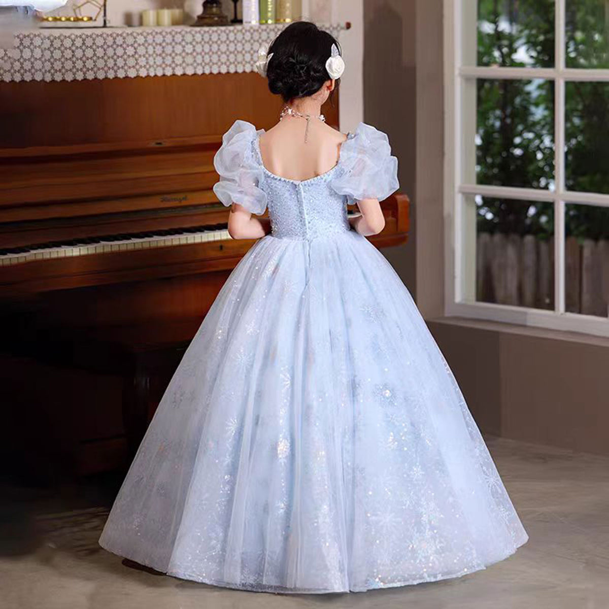 Jill Blue Shiny Girl Dress Puffy Sleeve for kids Birthday Party J376