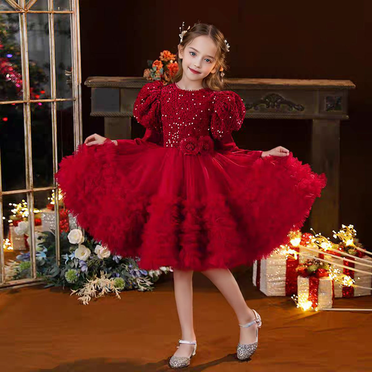 Jill Burgundy Sequins Princess Girl Dress for Birthday Pageant J406