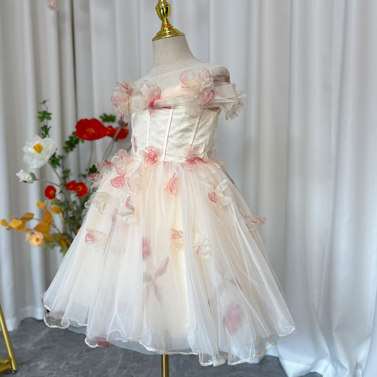 Jill Champagne Floral 1st Birthday Party Girl Dress J345