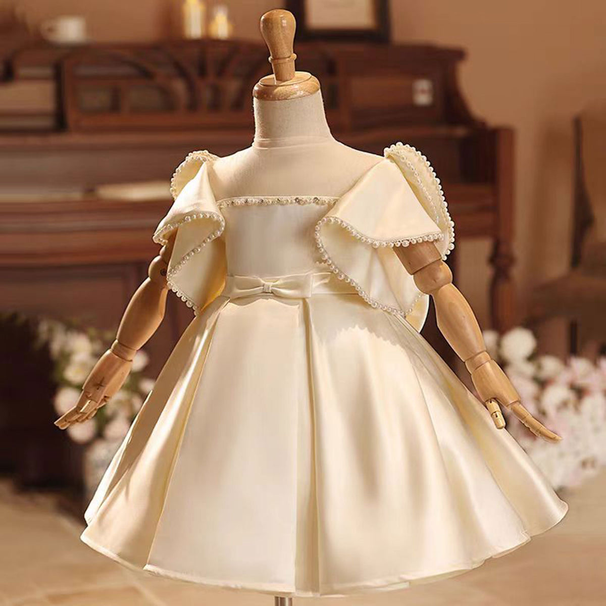 Champagne Satin Baby Girl Dress With Bow Short Sleeves Ball Gown J497 – Jill Wish
