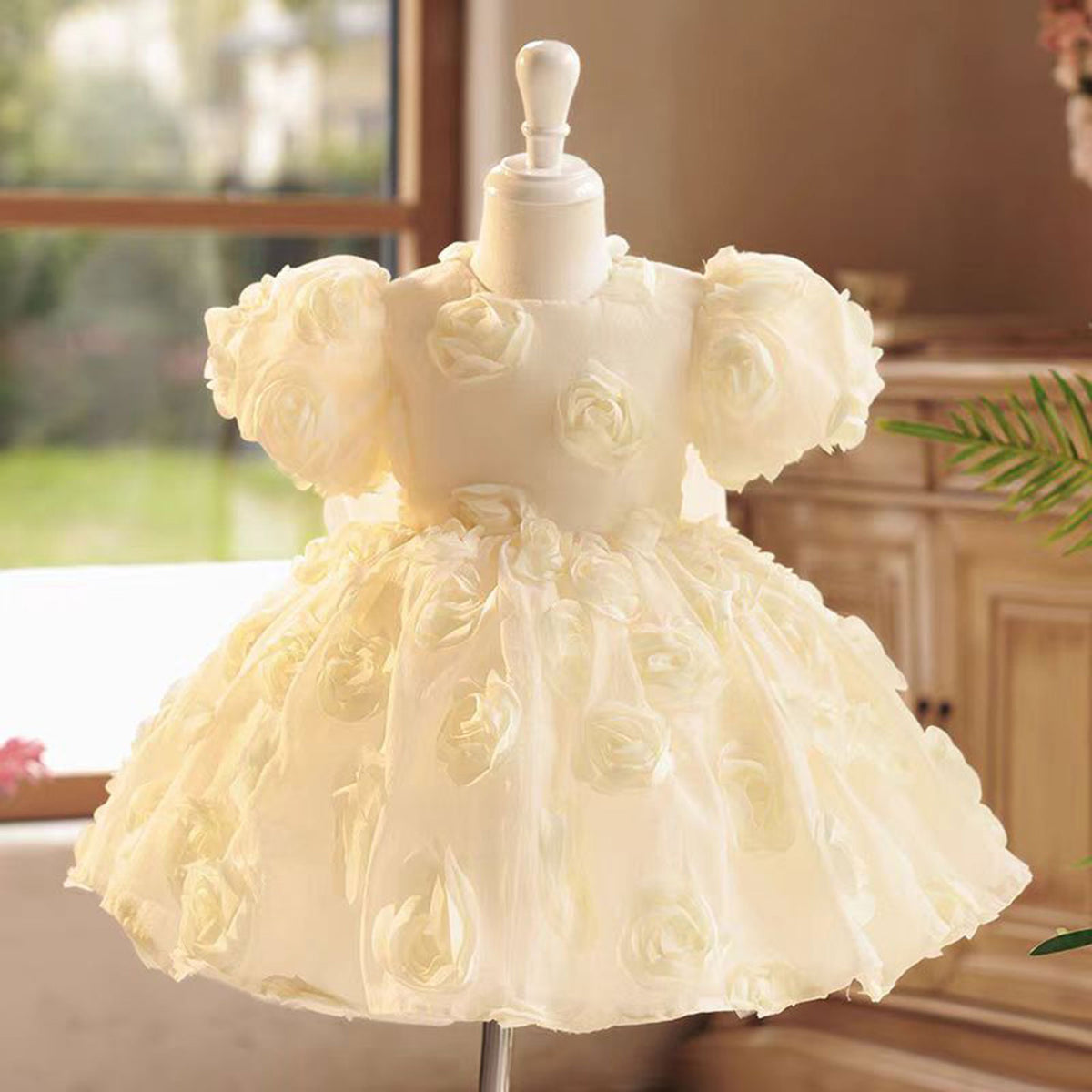 Jill Champagne Tulle Girl Dress with 3D Flowers Toddler Kids 1st Birthday Gown J769