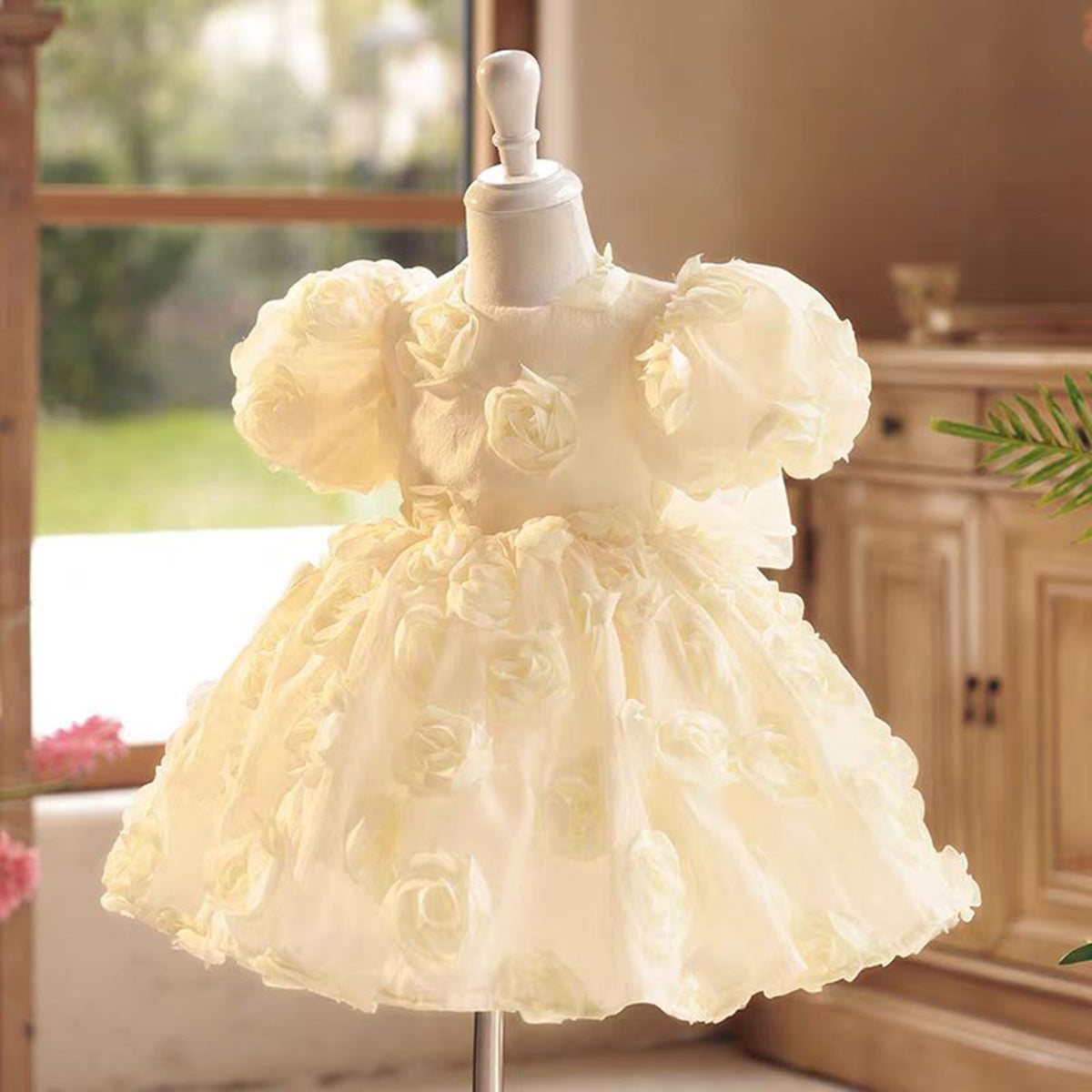 Jill Champagne Tulle Girl Dress with 3D Flowers Toddler Kids 1st Birthday Gown J769