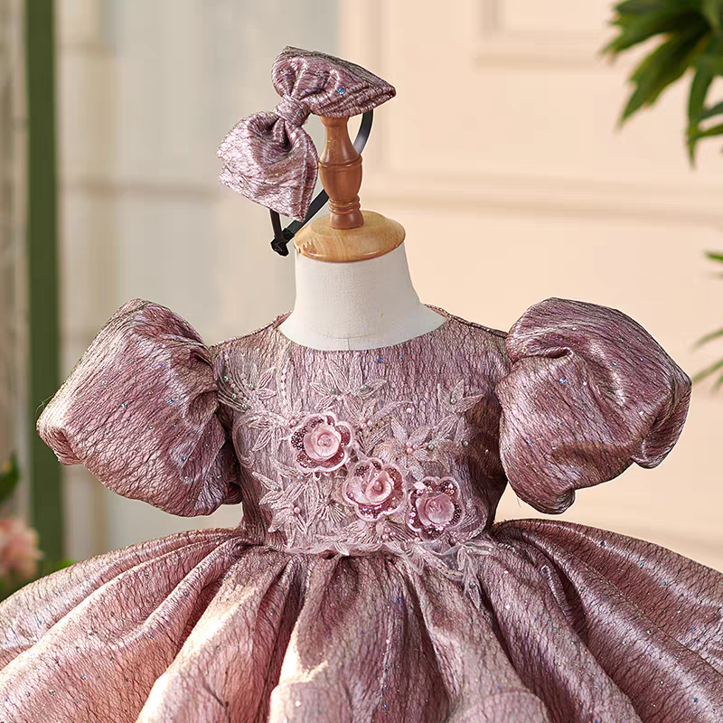 Jill Dusty Pink Lace Knee Length 1st Birthday Girl Dress with Sleeve J312