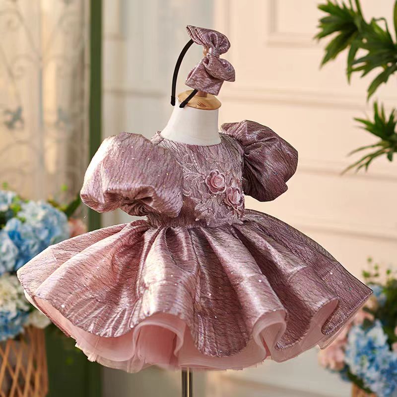 Jill Dusty Pink Lace Knee Length 1st Birthday Girl Dress with Sleeve J312